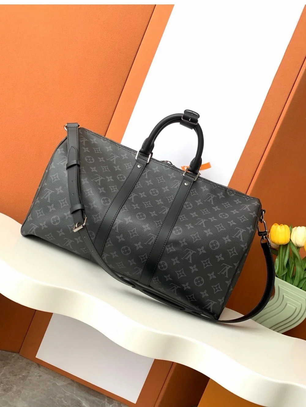 Black Monogram Travel Duffel Bag with Removable Strap